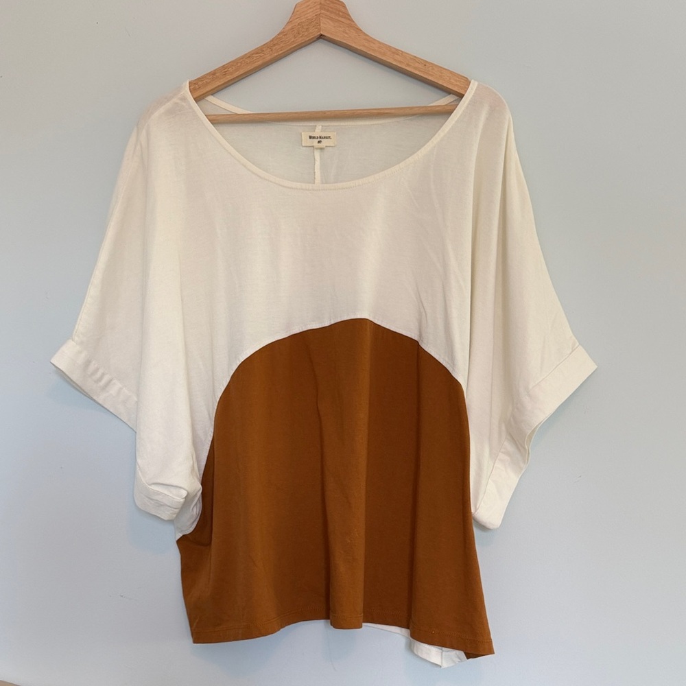 Cost Plus World Market White and Brown Colorblock Scoop Neck Tunic
